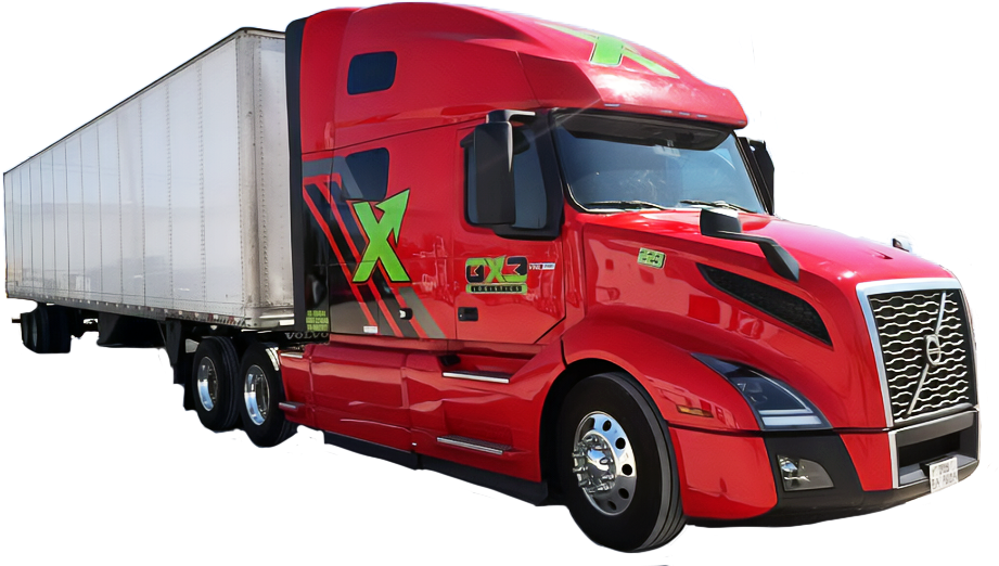 Lineup of GX3 semi-trucks with vibrant green X logo parked at a truck stop